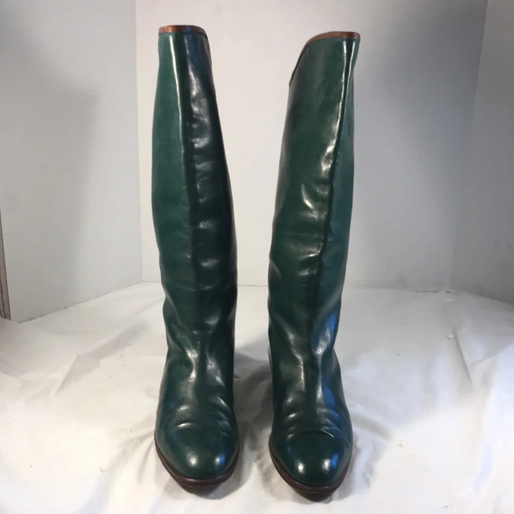 Pollini Vintage Dark Green & Tan Women's 14” Tall Luxury Leather Riding Boots